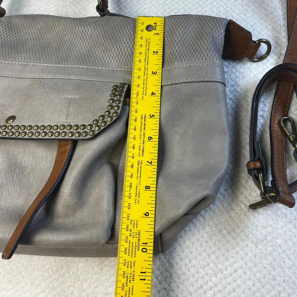 Antik Kraft Grey Studded Satchel‎ Crossbody Brown Trim Perforated Vegan Leather